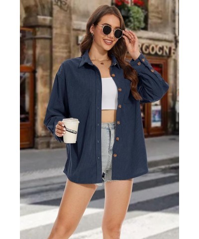 Womens Corduroy Shacket Long Sleeve Button Down Shirt Spring Casual Jacket Bust Pocket Loose Fit Blouse Tops Navy Blue $21.31...