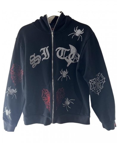 Women Full Zip Up Hoodies Y2K Spider Web Rhinestone Oversized Hoodie Over Face Skull Jackets Punk Streetwear C Black $14.33 H...