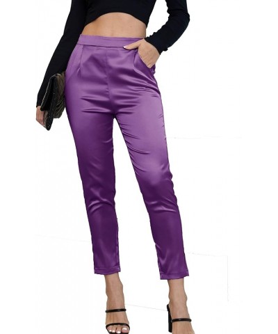 Women's Satin Pants Dress Casual Pleated Pull on High Waist Pants with Pockets Drape Purple $16.80 Pants