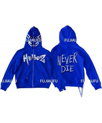 Women Men Full Zip Up Designer Hoodies Y2k Goth Hoodies Harajuku Graphic Print Oversized Jacket Streetwear B-blue Double Hat ...