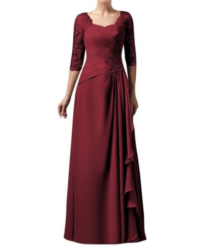 Long Mother of The Bride Dresses Lace Ruffles Wedding Guest Dresses for Women 3/4 Sleeves Burgundy $42.33 Dresses