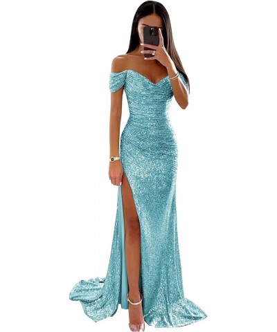 Off Shoulder Sparkly Sequin Prom Dresses Long with Slit 2024 V-Neck Mermaid Evening Party Gowns YO033 Light Blue $22.00 Dresses