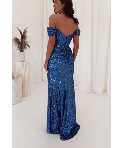 Off Shoulder Sparkly Sequin Prom Dresses Long with Slit 2024 V-Neck Mermaid Evening Party Gowns YO033 Light Blue $22.00 Dresses