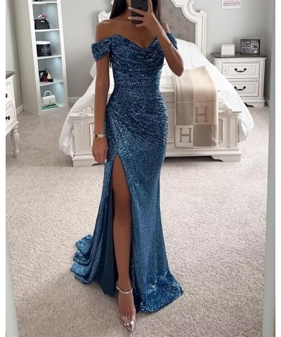 Off Shoulder Sparkly Sequin Prom Dresses Long with Slit 2024 V-Neck Mermaid Evening Party Gowns YO033 Light Blue $22.00 Dresses