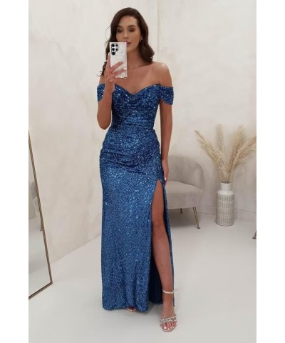 Off Shoulder Sparkly Sequin Prom Dresses Long with Slit 2024 V-Neck Mermaid Evening Party Gowns YO033 Light Blue $22.00 Dresses