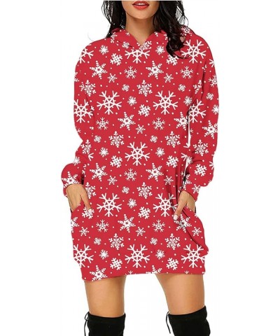 Women's Christmas Hoodie Dress Fall Casual Printed Long Pullover Hoodies Tunic Hooded Sweatshirt with Pockets Red Snowflake $...