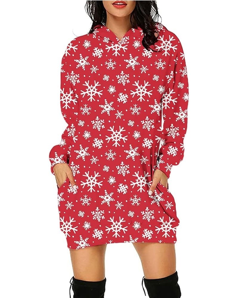 Women's Christmas Hoodie Dress Fall Casual Printed Long Pullover Hoodies Tunic Hooded Sweatshirt with Pockets Red Snowflake $...