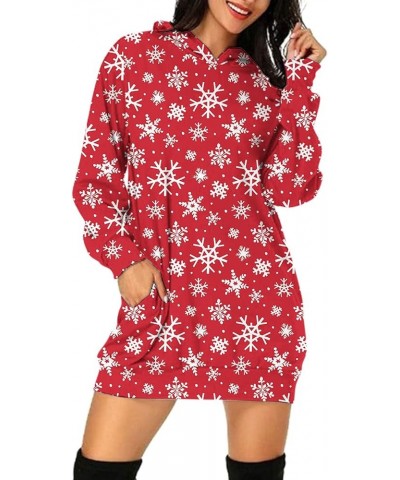 Women's Christmas Hoodie Dress Fall Casual Printed Long Pullover Hoodies Tunic Hooded Sweatshirt with Pockets Red Snowflake $...