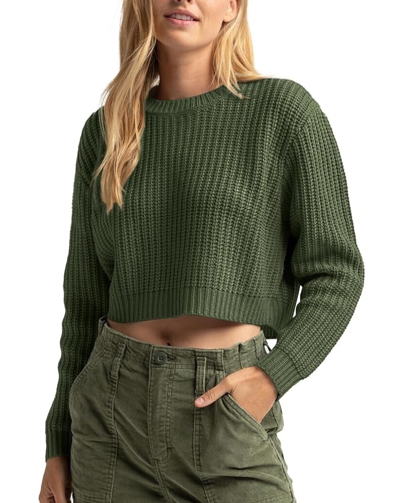 Women's Crewneck Casual Knitted Long Sleeve Loose Crop Pullover Sweater Top Army Green $22.41 Sweaters