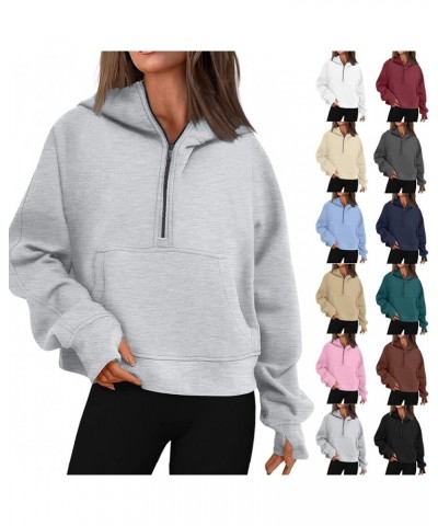 Zip Up Hoodies for Women Kangaroo Pocket Fleece Cropped Half Zip Pullover Y2k Fall Trendy Sweatshirt with Thumb Hole A-white ...