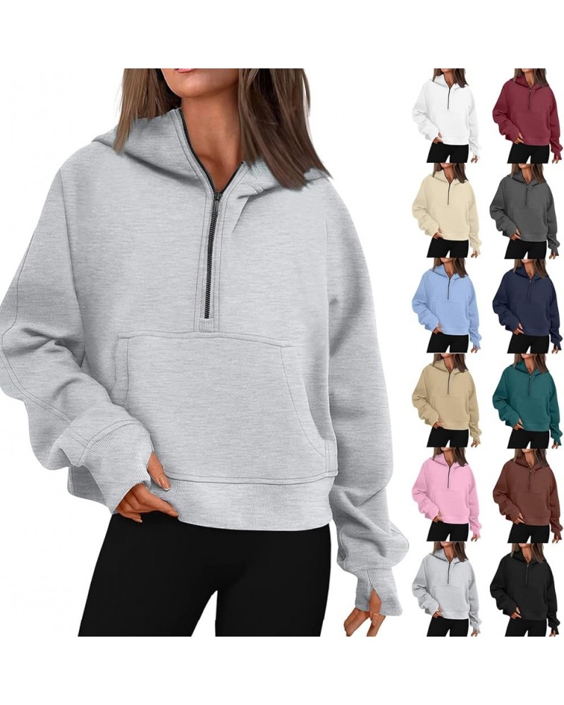 Zip Up Hoodies for Women Kangaroo Pocket Fleece Cropped Half Zip Pullover Y2k Fall Trendy Sweatshirt with Thumb Hole A-white ...