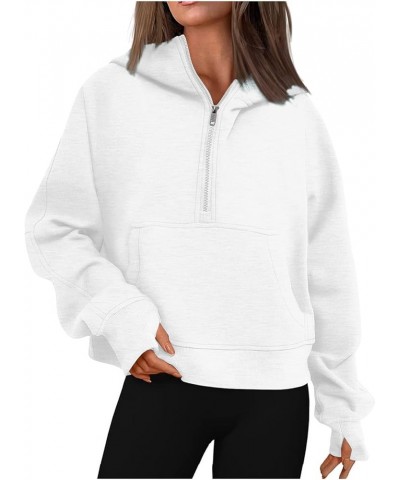 Zip Up Hoodies for Women Kangaroo Pocket Fleece Cropped Half Zip Pullover Y2k Fall Trendy Sweatshirt with Thumb Hole A-white ...