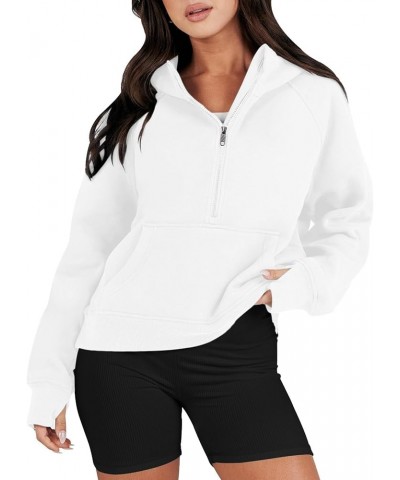 Zip Up Hoodies for Women Kangaroo Pocket Fleece Cropped Half Zip Pullover Y2k Fall Trendy Sweatshirt with Thumb Hole A-white ...