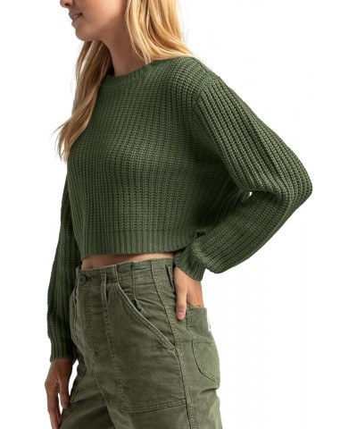 Women's Crewneck Casual Knitted Long Sleeve Loose Crop Pullover Sweater Top Army Green $22.41 Sweaters