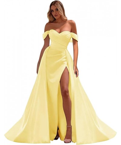 Womens Off Shoulder Mermaid Prom Dresses 2024 Satin Long with Train Wrap Satin Ruched Evening Gowns with Slit Yellow $35.20 D...