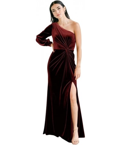 Women's Long Sleeve Bridesmaid Dress with Slit 2022 Velvet Pleated Maxi Formal Party Dress for Wedding One Shoulder-burgundy ...