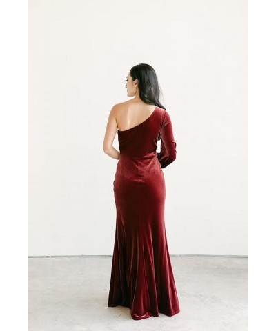 Women's Long Sleeve Bridesmaid Dress with Slit 2022 Velvet Pleated Maxi Formal Party Dress for Wedding One Shoulder-burgundy ...