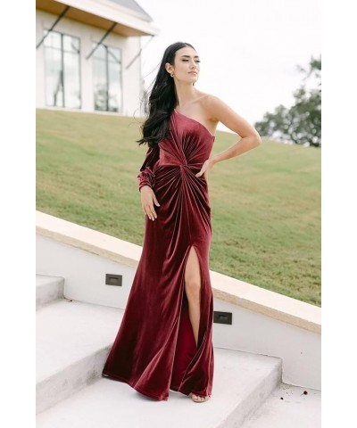 Women's Long Sleeve Bridesmaid Dress with Slit 2022 Velvet Pleated Maxi Formal Party Dress for Wedding One Shoulder-burgundy ...