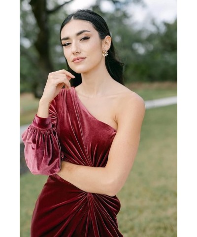 Women's Long Sleeve Bridesmaid Dress with Slit 2022 Velvet Pleated Maxi Formal Party Dress for Wedding One Shoulder-burgundy ...