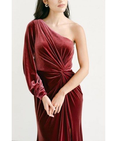 Women's Long Sleeve Bridesmaid Dress with Slit 2022 Velvet Pleated Maxi Formal Party Dress for Wedding One Shoulder-burgundy ...