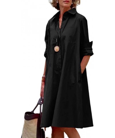 Women's V Neck Lapel Rolled-Up Sleeve Solid Color Shirt Dress with Pocket Casual Button Down A-line Midi Shirt Dress Black $1...