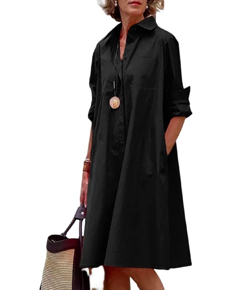 Women's V Neck Lapel Rolled-Up Sleeve Solid Color Shirt Dress with Pocket Casual Button Down A-line Midi Shirt Dress Black $1...