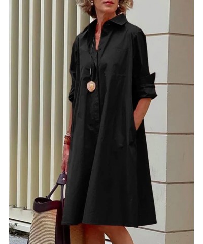 Women's V Neck Lapel Rolled-Up Sleeve Solid Color Shirt Dress with Pocket Casual Button Down A-line Midi Shirt Dress Black $1...