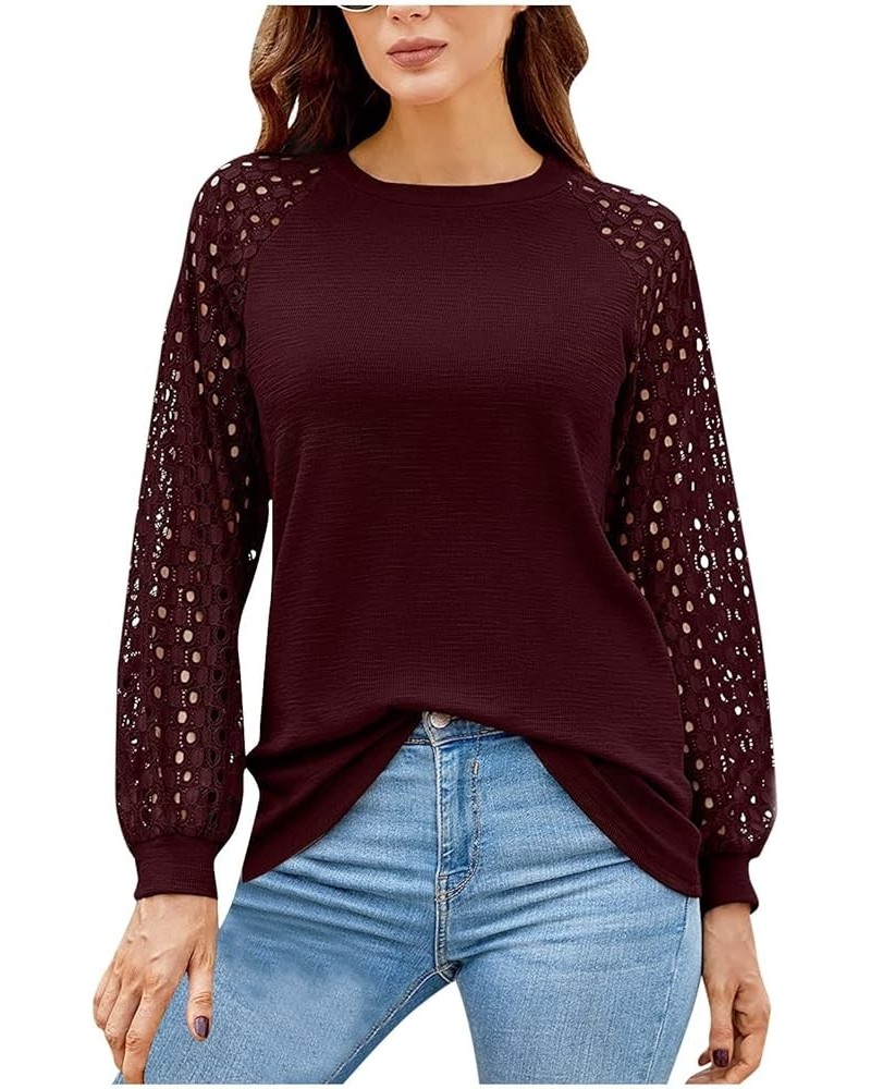 2024 Womens Spring Long Sleeve Shirts Lightweight Tshirts Lace Trim V Neck Cute Tops Summer Pleated Flowy Blouse A12- Wine $1...