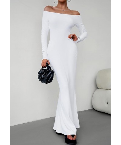 Women‘s Long Sleeve Bodycon Maxi Dress Sexy Square Neck Fitted Long Tight Dress B-white $17.61 Dresses