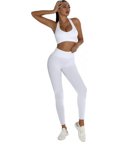 Workout Sets Two Piece Outfits for Women Clothes Gym Yoga Seamless Racerback Sports Bra Tank Tops with Biker Shorts White-lon...