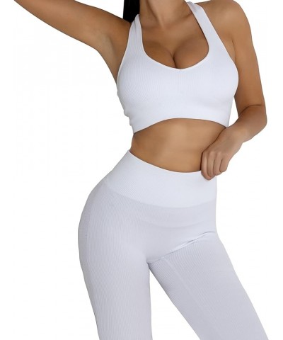 Workout Sets Two Piece Outfits for Women Clothes Gym Yoga Seamless Racerback Sports Bra Tank Tops with Biker Shorts White-lon...