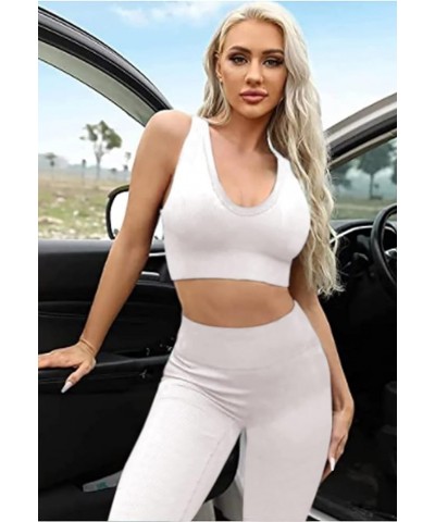 Workout Sets Two Piece Outfits for Women Clothes Gym Yoga Seamless Racerback Sports Bra Tank Tops with Biker Shorts White-lon...