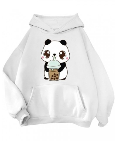 Cute Cartoon Panda Drinking Milk Tea Graphic Oversized Loose Hoodie Pullover Hooded Sweatshirt for Women White $12.88 Hoodies...