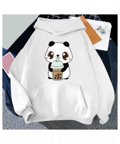 Cute Cartoon Panda Drinking Milk Tea Graphic Oversized Loose Hoodie Pullover Hooded Sweatshirt for Women White $12.88 Hoodies...