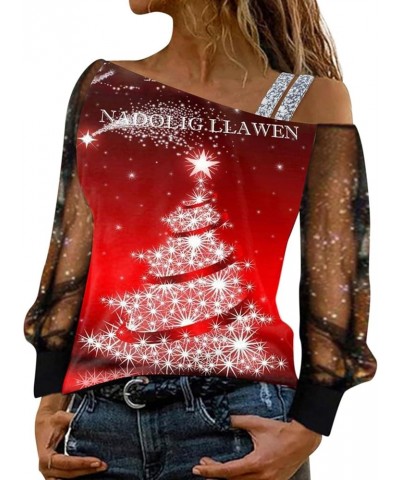 Off Shoulder Christmas Shirts for Women Long Sleeve Sparkling Mesh Splice T-Shirt Print Party Club Loose Blouse A4-beige $10....