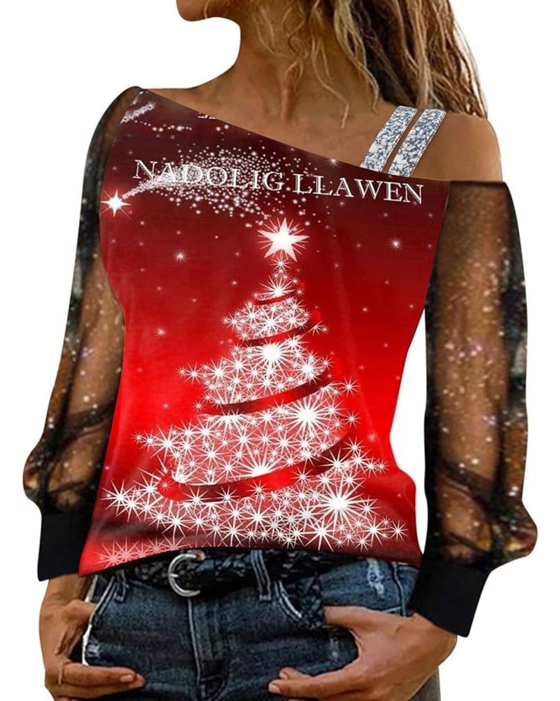 Off Shoulder Christmas Shirts for Women Long Sleeve Sparkling Mesh Splice T-Shirt Print Party Club Loose Blouse A4-beige $10....