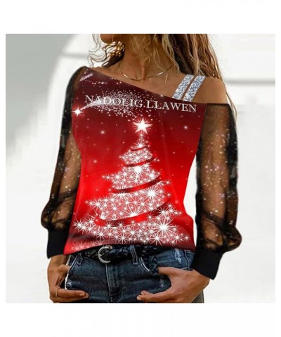 Off Shoulder Christmas Shirts for Women Long Sleeve Sparkling Mesh Splice T-Shirt Print Party Club Loose Blouse A4-beige $10....