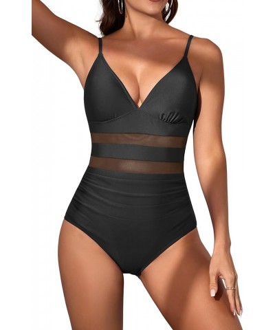 Women's One Piece Swimsuit V Neck Mesh Tummy Control Bathing Suit Slimming High Waisted 1 Piece Swimwear Black $16.00 Swimsuits