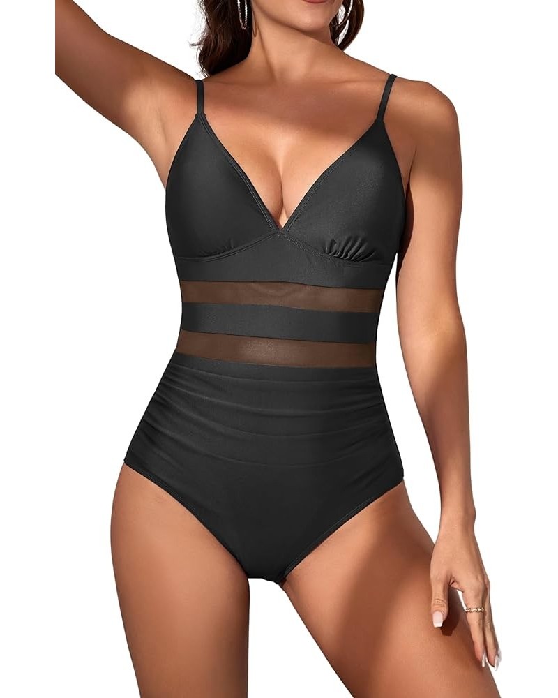 Women's One Piece Swimsuit V Neck Mesh Tummy Control Bathing Suit Slimming High Waisted 1 Piece Swimwear Black $16.00 Swimsuits