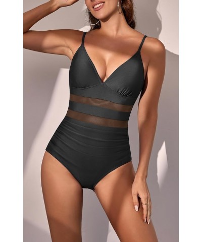 Women's One Piece Swimsuit V Neck Mesh Tummy Control Bathing Suit Slimming High Waisted 1 Piece Swimwear Black $16.00 Swimsuits