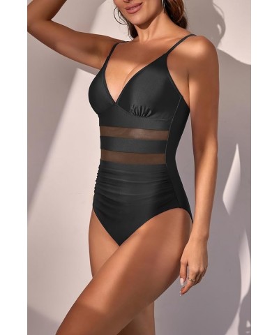 Women's One Piece Swimsuit V Neck Mesh Tummy Control Bathing Suit Slimming High Waisted 1 Piece Swimwear Black $16.00 Swimsuits