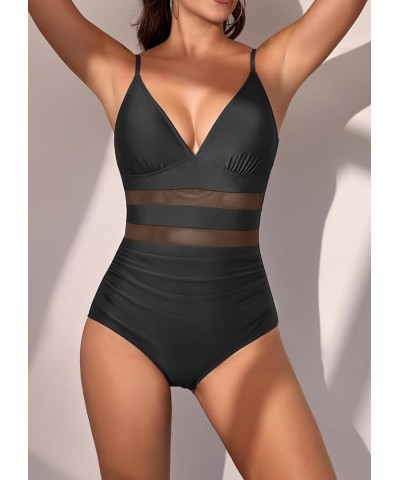 Women's One Piece Swimsuit V Neck Mesh Tummy Control Bathing Suit Slimming High Waisted 1 Piece Swimwear Black $16.00 Swimsuits