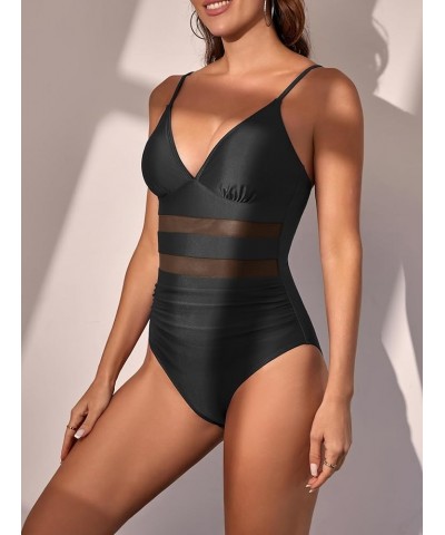 Women's One Piece Swimsuit V Neck Mesh Tummy Control Bathing Suit Slimming High Waisted 1 Piece Swimwear Black $16.00 Swimsuits