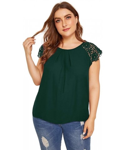 Women's Plus Size Round Neck Short Sleeve Pleated Lace Blouses Top Dark Green $14.74 Blouses