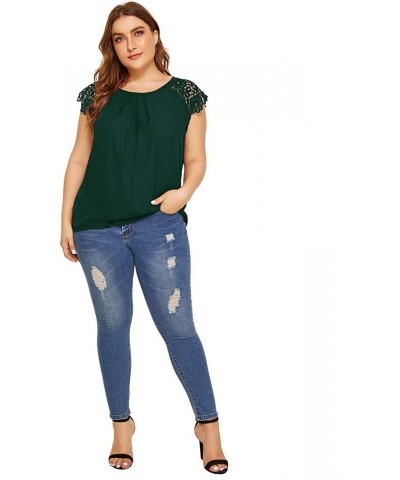 Women's Plus Size Round Neck Short Sleeve Pleated Lace Blouses Top Dark Green $14.74 Blouses