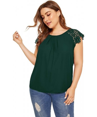 Women's Plus Size Round Neck Short Sleeve Pleated Lace Blouses Top Dark Green $14.74 Blouses