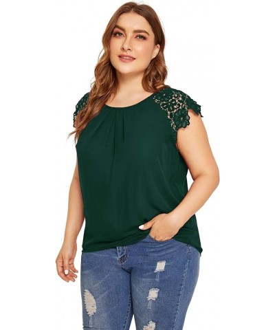 Women's Plus Size Round Neck Short Sleeve Pleated Lace Blouses Top Dark Green $14.74 Blouses