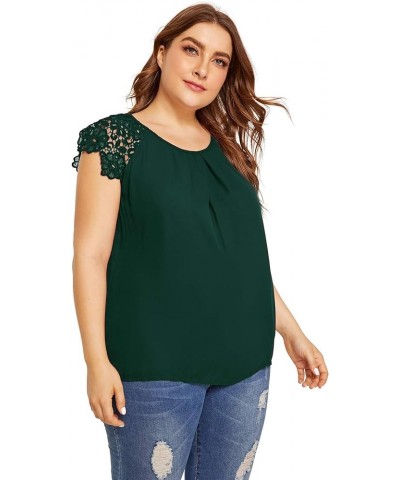 Women's Plus Size Round Neck Short Sleeve Pleated Lace Blouses Top Dark Green $14.74 Blouses