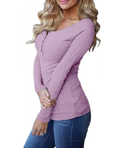 Womens Long Sleeve Henley Shirts Ribbed Button Down Casual Tunic Tops Purple $11.49 Tops