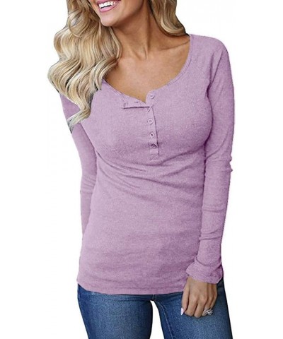 Womens Long Sleeve Henley Shirts Ribbed Button Down Casual Tunic Tops Purple $11.49 Tops